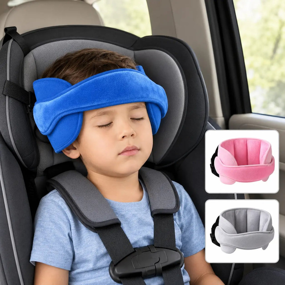 Child asleep in a car seat wearing the SnoozeGuard head support in blue, with pink and grey colourways inset